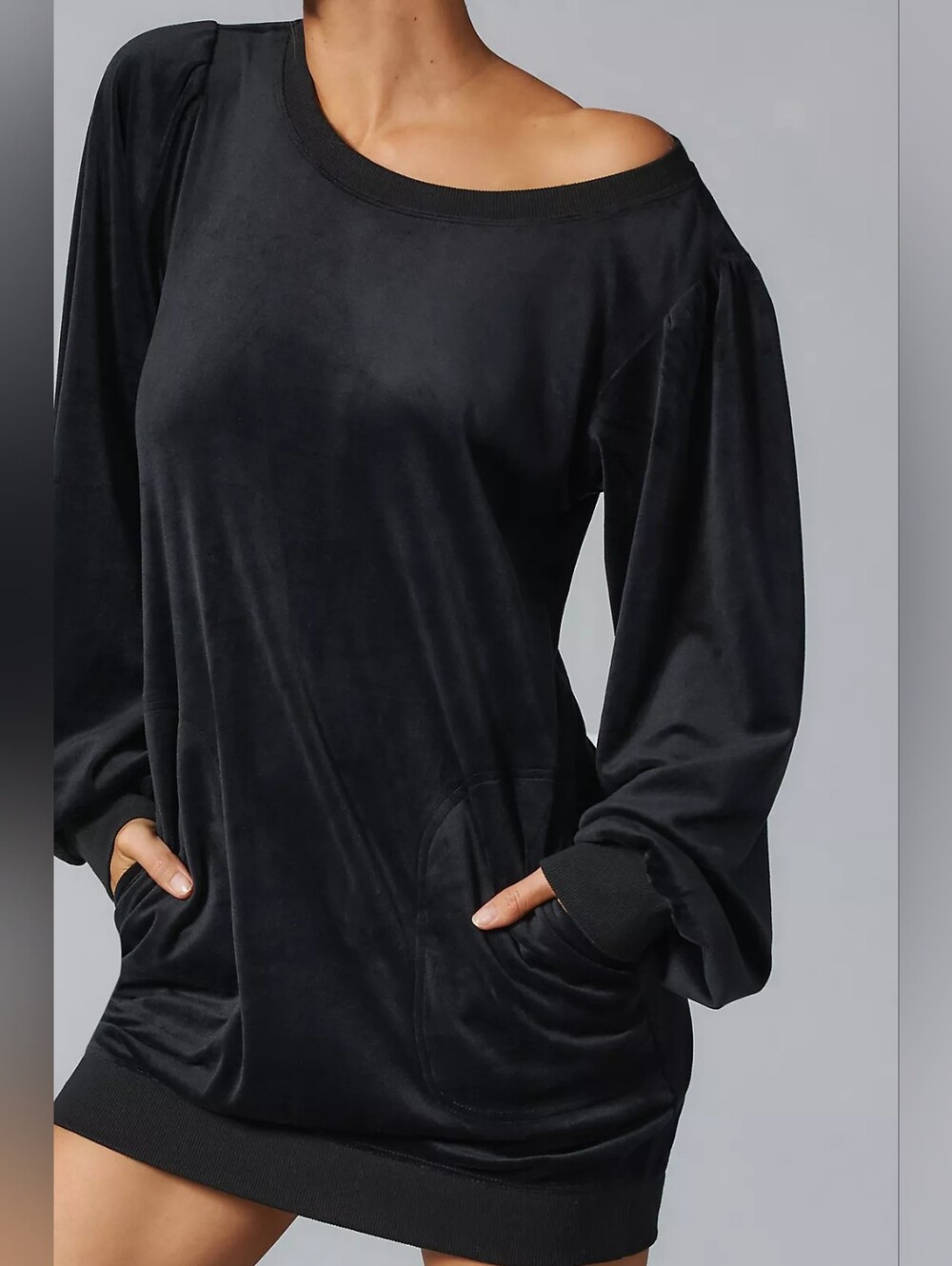 Anthropologie Daily Practice Black Off-Shoulder Velvet Puff Sleeve Dress XS
